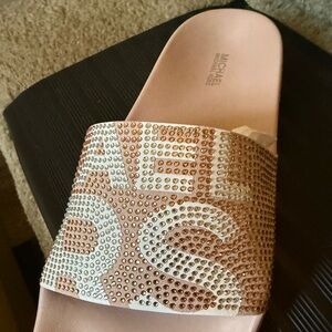 Michael Kors Pink and Gold Embellished Slide Sandals